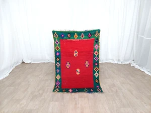 Red Vintage Moroccan Rag Rug Handmade Berber Kilim Azilal Boucherouite Wool Rug - Picture 1 of 9