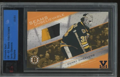 2003 ITG Ultimate Vault Gerry Cheevers Sapphire Game Used Jersey Patch 1/1 - Image 1 of 2