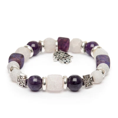 Stretch Bracelet Amethyst Agate Gemstones Silver Cross Hamsa Hand of Luck - Image 1 of 4