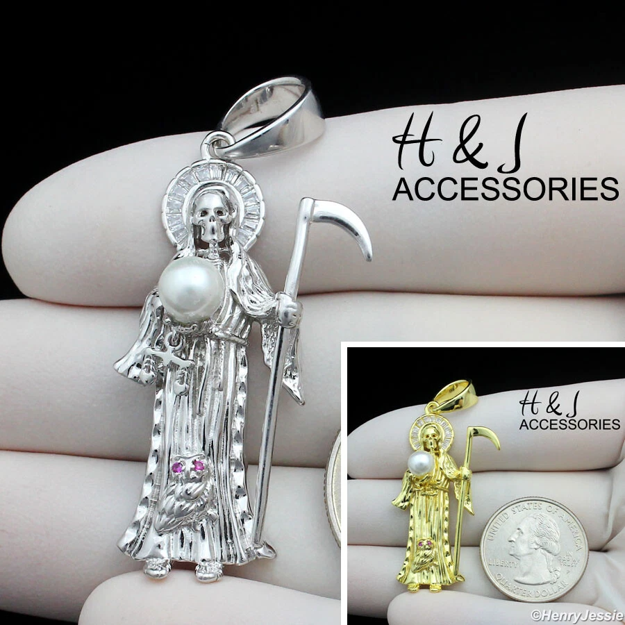 PLATA ESTERLINA 925 ICY BLING CIRCONITA CHAPADO EN ORO/PLATA COLGANTE SANTA MUERTE*ASP441 Foto 1 de 1