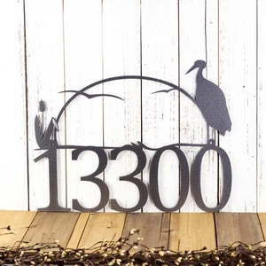 Personalized Metal House Number Sign with Heron & Cattails Lake Scene - Picture 1 of 13