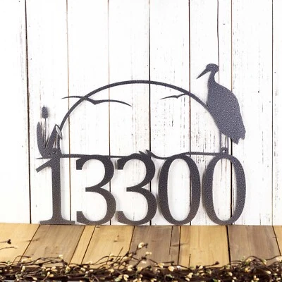 Personalized Metal House Number Sign with Heron & Cattails Lake Scene - Image 1 of 4