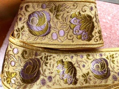 vintage jacquard bordado paisley 2 1/8" seda 29" piezas rosa amarillo Francia Foto 1 de 4