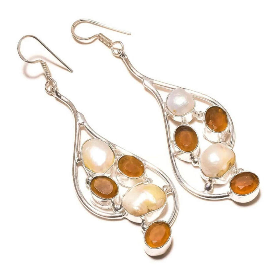 Pendientes colgantes hechos a mano con superposición de plata de piedras preciosas de perlas Biwa de ágata amarilla Foto 1 de 3