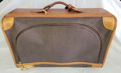 French Co. Luggage Suitcase Tweed Herringbone Canvas Leather Vintage - Image 1 of 4