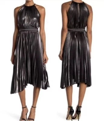 Bailey 44 Madison серебро плиссированные с бретелью через шею миди платье металлический коктейль размер 12 новый с Ярлыками - Изображение 1 из 4