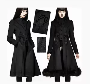 Punk Rave Gothic Black Lacewear Resistant Warm Drawstring Faux Wool Winter Coat - Picture 1 of 3