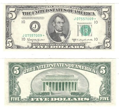 1950 D $5 Kansas City District Federal Reserve Star Note Fr 1965-J* Unc. #009 - Image 1 of 3