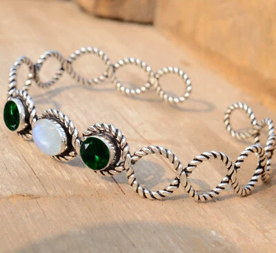 ДИЗАЙНЕРСКИЙ браслет из стерлингового серебра 925 пробы с лунным камнем и диопсидом для папы - Изображение 1 из 4