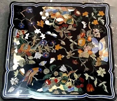 24" Black Square Marble Coffee Table Top Floral Art Inlay Console Table Decors - Image 1 of 4