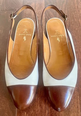 De colección Años 90 Ralph Lauren Eslinga Plana Trasera 7.5 B Blanco Británico Tostado Marrón Puntera Foto 1 de 4