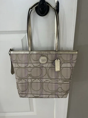 Coach Signature C Purple & Gold Plaid Shoulder Bag, Handbag, Purse - Image 1 of 4