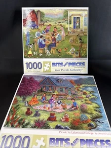 Bits And Pieces 1000 Piece Puzzle Pair Picnic At Lakewood College /Family Picnic - Picture 1 of 5