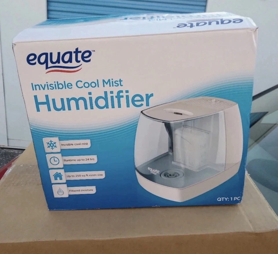 NEW! Equate 1.1 Gallon 250 Sq ft Invisible Cool Mist Humidifier, White & Blue - Image 1 of 1