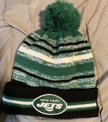 Boné gorro NFL New York Jets LOGOTIPO listrado malha algemado pom New Era novo sem etiquetas - Imagem 1 de 2