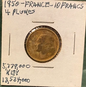 FRANCE, 1950, 10 Francs, 4 plumes, Key, coin, circulated - Picture 1 of 4