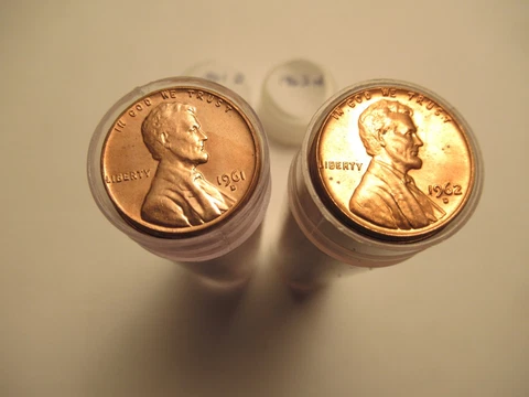 TWO  Rolls of  Lincoln Pennies, 1961 D & 1962 D, UNC/AU? Cover