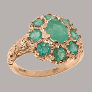 Solid 18k Rose Gold Natural Emerald Womens Cluster Ring - Sizes 4 to 12 - Picture 1 of 5