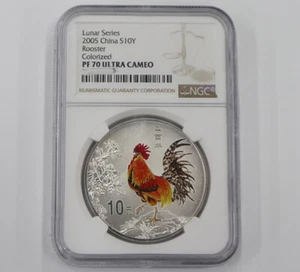 NGC PF70 2005 10YUAN Silver Coin China 2005 Zodiac Rooster coloured Silver Coin - Picture 1 of 2