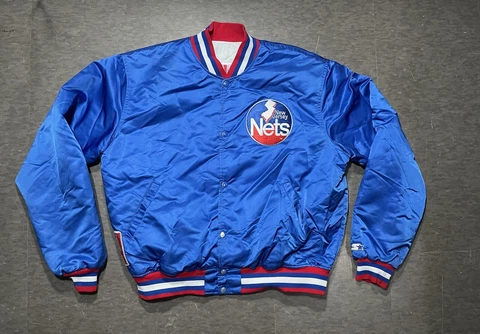 Vintage Starter New Jersey Nets NBA Satin Bomber Jacket Size XL Blue Made In USA Cover