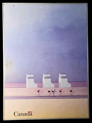 Vintage Canada Poster Cyclists Prairie Scene Wheat Silos Minimalist Art Print - Image 1 of 4