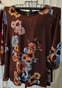 New Directions 3X Burgandy Floral A-line 3/4 Sleeve Round Neck  Pullover Blouse - Picture 1 of 6