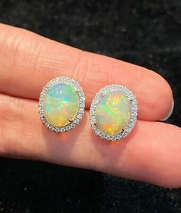 Opal Studs Women Mother Wedding Earring Jewelry 925 Sterling Silver White Plated - Picture 1 of 5