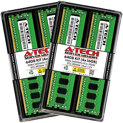 A-Tech 64GB 4x 16GB 1Rx4 PC4-19200R DDR4 2400MHz ECC REG RDIMM Server Memory RAM - Image 1 of 4