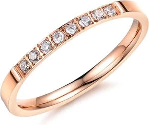 Women 2mm Luxury Titanium Stainless Steel Cubic Zirconia CZ Inlay Rose Gold Ring - Picture 1 of 3