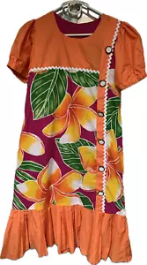 Vintage Hawaiian Mumu Dress Bright Orange, Floral, Pull-On, Pleated Bottom - Picture 1 of 12