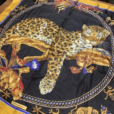 SALVATORE FERRAGAMO Tiger Big Cat Floral Resort Black Gold Silk Scarf 34” AS IS - Image 1 of 4