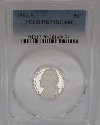 1982-S Jefferson Níquel PCGS PR70 DCAM - DEEP CAMEO PROOF com Strong Strike - Imagem 1 de 4