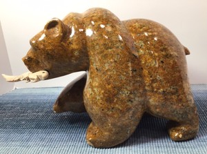 Large Stone Walking Bear with Fish