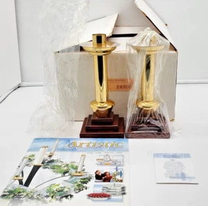 Vintage Pair of BRASS CHURCH CANDLESTICKS w/ Walnut Base 8 1/4" TALL NEW NOS - Picture 1 of 8