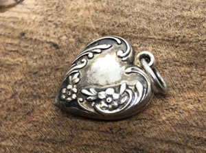 1940s sterling silver puffy heart etched scroll charm - Picture 1 of 3