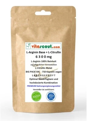 L-ARGININ BASE 100% + CITRULLIN 6300mg 750 Kapseln pflanzlich VEGAN LABORGEPRÜFT - Bild 1 von 4
