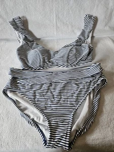 Time and Tru Swimsuit striped bikini set womens Size L top XL bottom navy white - Picture 1 of 6