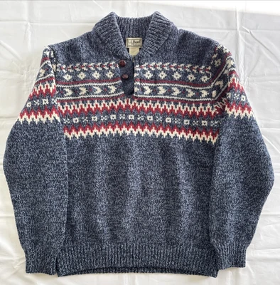 L.L Bean Fair Isle Sweater 100% Lambswool Norway Knit 2-Button Henley Neck Md - Image 1 of 4
