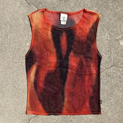 De colección Años 90 Y2K Todd Oldham TO2 Camiseta Transparente Tanque Naranja Llama Fuego Rave Punk Foto 1 de 4