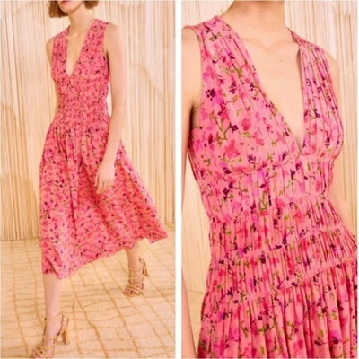 NOVO Vestido Midi Ulla Johnson Sylvie Sem Mangas Decote V Blush Peônia Floral Seda 14 - Imagem 1 de 4