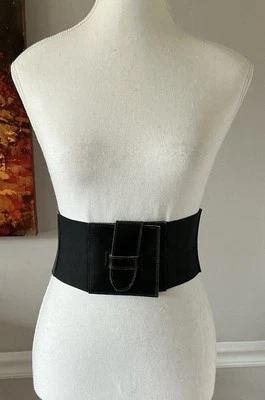 Johnny Farah Designer Black Leather Corset Cincher Belt 4” Wide Sz Small - Image 1 of 4
