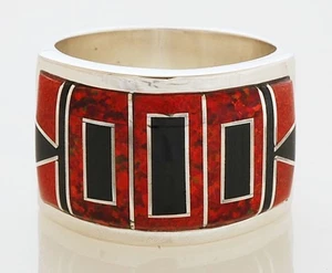 Navajo Handmade Sterling Silver with Opal and Onyx Inlay Ring Size 8 - Picture 1 of 3