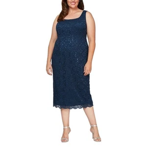 Alex Evenings Lace Cocktail Dress Women's Plus 14W Blue Sleeveless Midi NWT - Picture 1 of 11
