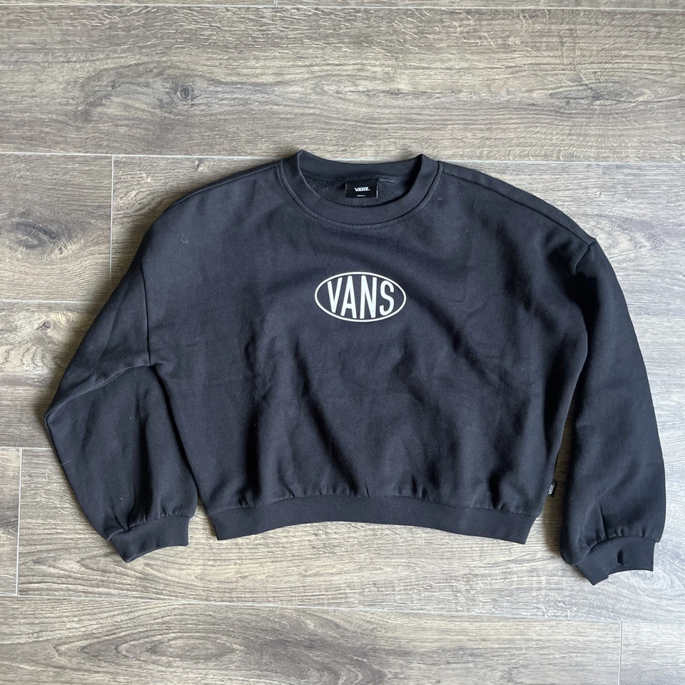 范斯 Off The Wall 女式裁剪圆领运动衫 S 码全新无标签黑色 — 第 1/3 张图片