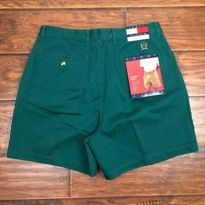 复古 90 年代 NOS TOMMY HILFIGER 深绿色打褶中国短裤 36 CREST PrePPY — 第 1/4 张图片