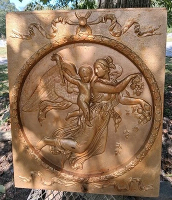 1800's Antique Cast Iron Fireplace Stove Plate Cover Diana/Cherubs ,#1 Read Look - Image 1 of 4