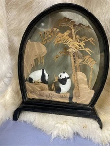 Chinese Carved Cork Art Diorama With bamboo Trees 2 Panda Black Lacquer VTG 7in - Picture 1 of 4