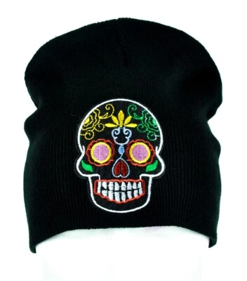 Black Sugar Skull 豆豆针织帽 Day of the Dead Dia de los Muertos 哥特式 — 第 1/4 张图片
