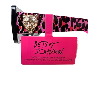 Occhiali da sole rettangolari Betsey Johnson tono oro gatto grande strass rosa nero - Foto 1 di 7