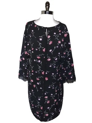 NEW AMERICAN LIVING Size 14 Shift Dress Black Red Purple Floral 3/4 Sleeve - Imagem 1 de 4